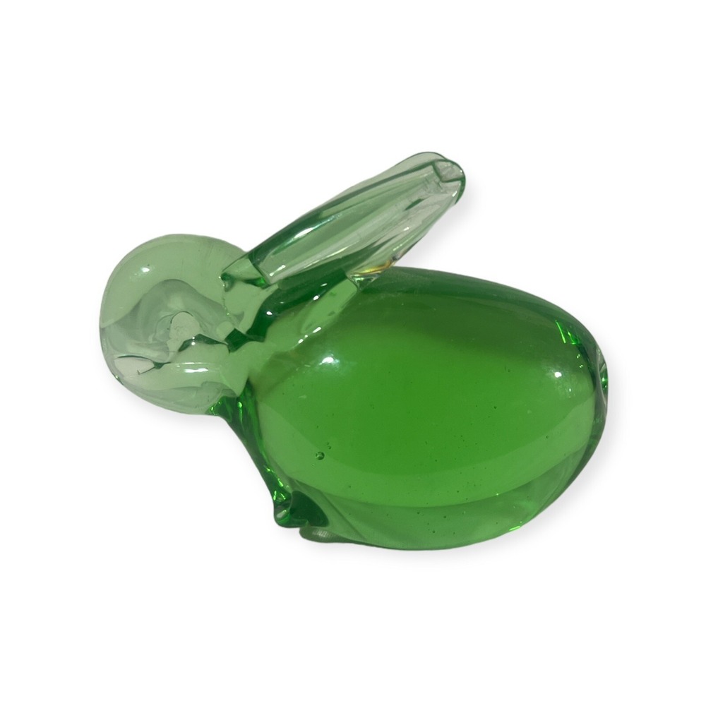 Bunny Rabbit‎ Paperweight Figurine Hand Blown Green Art Glass Vintage Kitsch